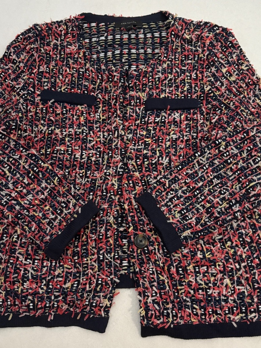 Ann Taylor Multicolor Tweed Cardigan - Navy, Pink, Cream
